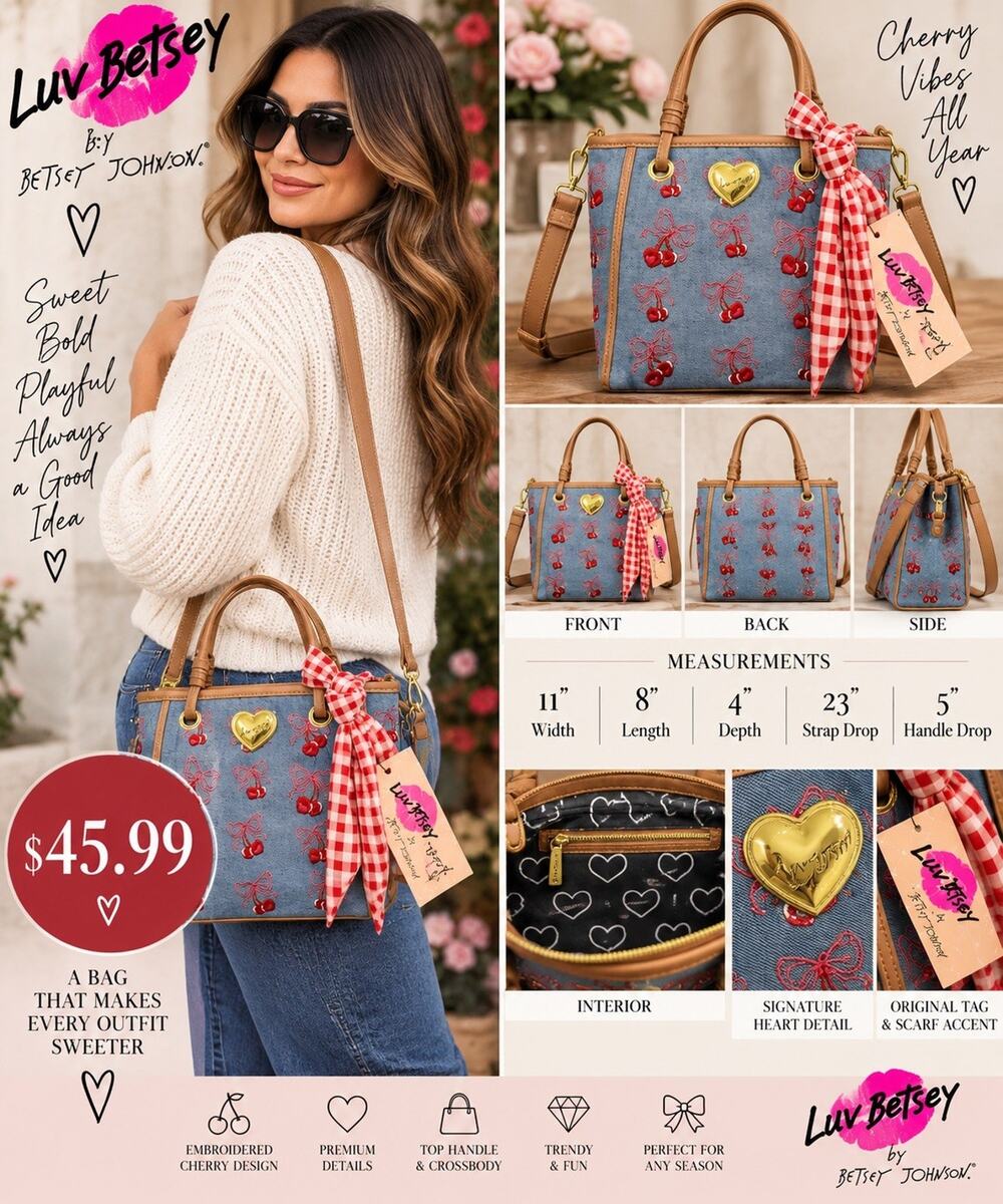 Luv Betsey by Betsey Johnson Blue Embroidered Cherry Bow Satchel Crossbody Strap